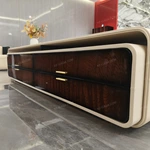 Luxury TV Stand with Rounded Cream Frame Dark Natural Wood Veneer Panels and Stainless Steel Handles